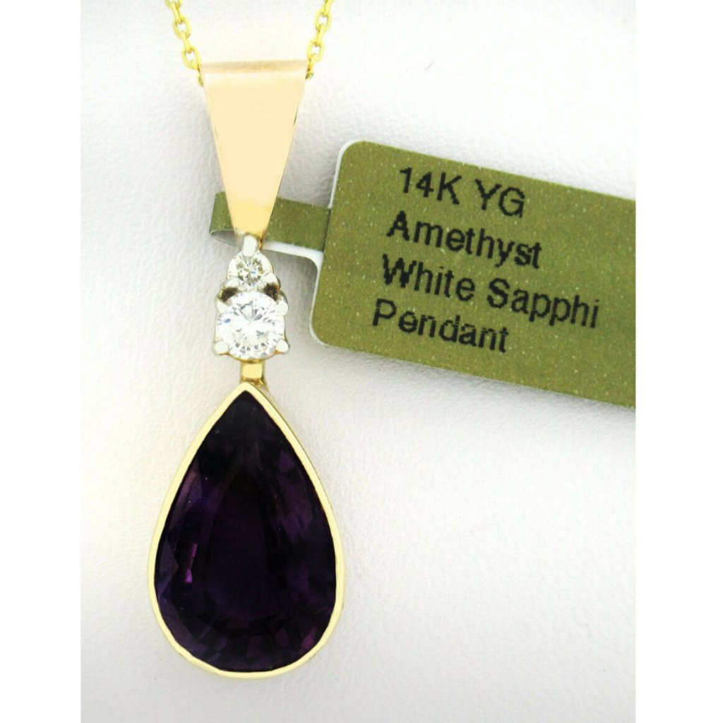 Genuine 3.18 Cts Amethyst & White Sapphire Pendant 14k Gold